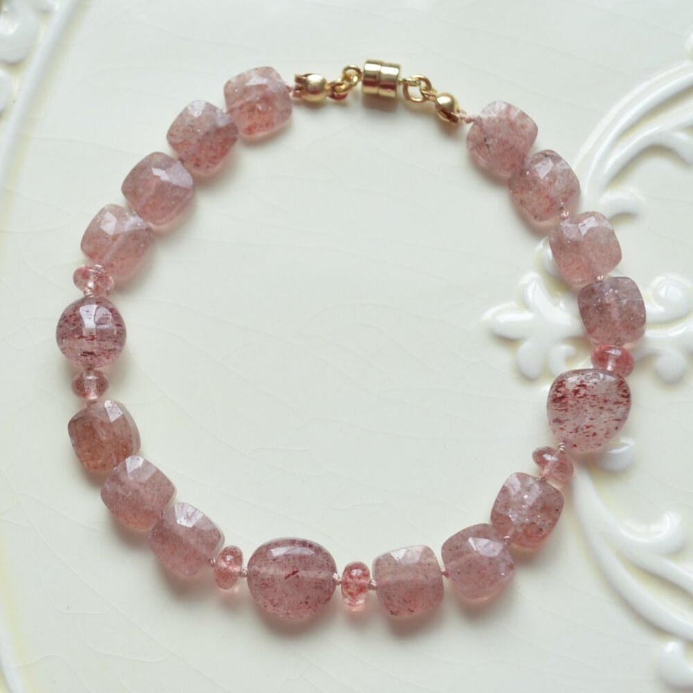 Cherry Quartz Gemstone Bracelet with Gold Magnetic Clasp